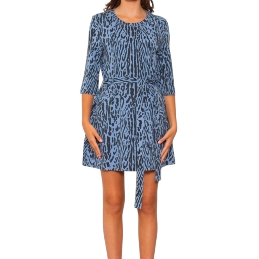 Maje Blue Black Animal Print Short Sleeve Mini Belted Dress Small